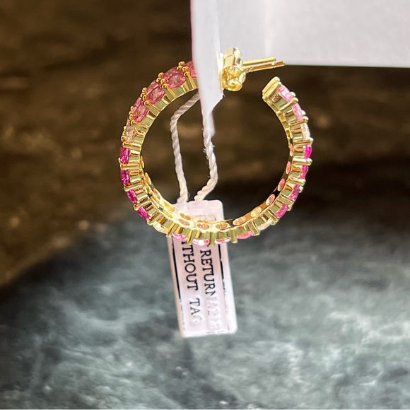Hoop Earrings Gold Plated Adina Eden Jewels Pink Multi Colored Round Stone NWT - Picture 7 of 12